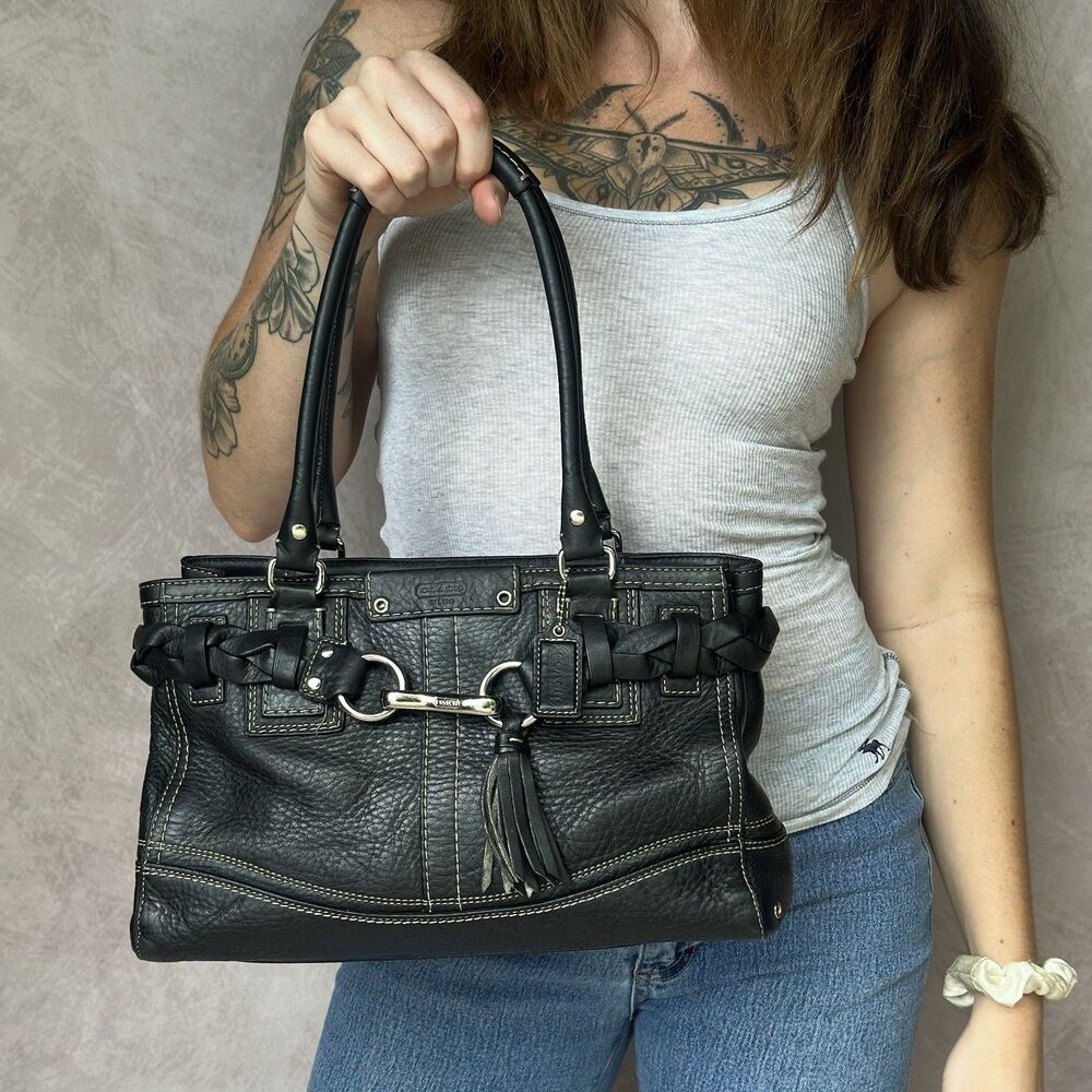 Coach Hamptons F13084 Black Pebbled Leather Horsebit Tassel Carryall Satchel